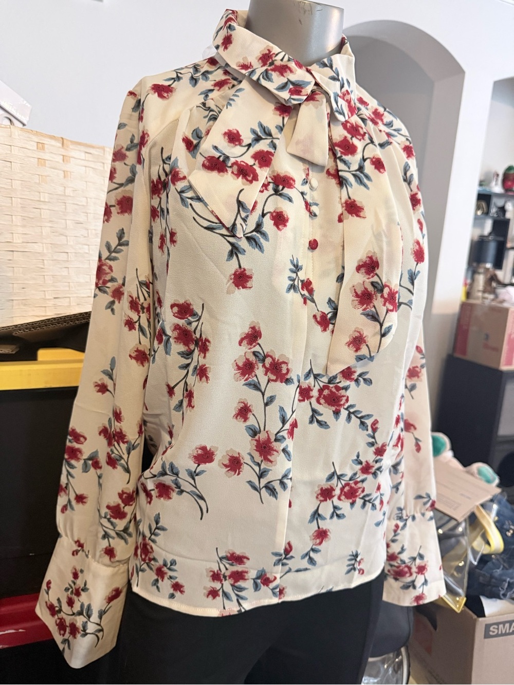 Jealous Tomato Cream Floral Button-Up Blouse with Red and Blue Print